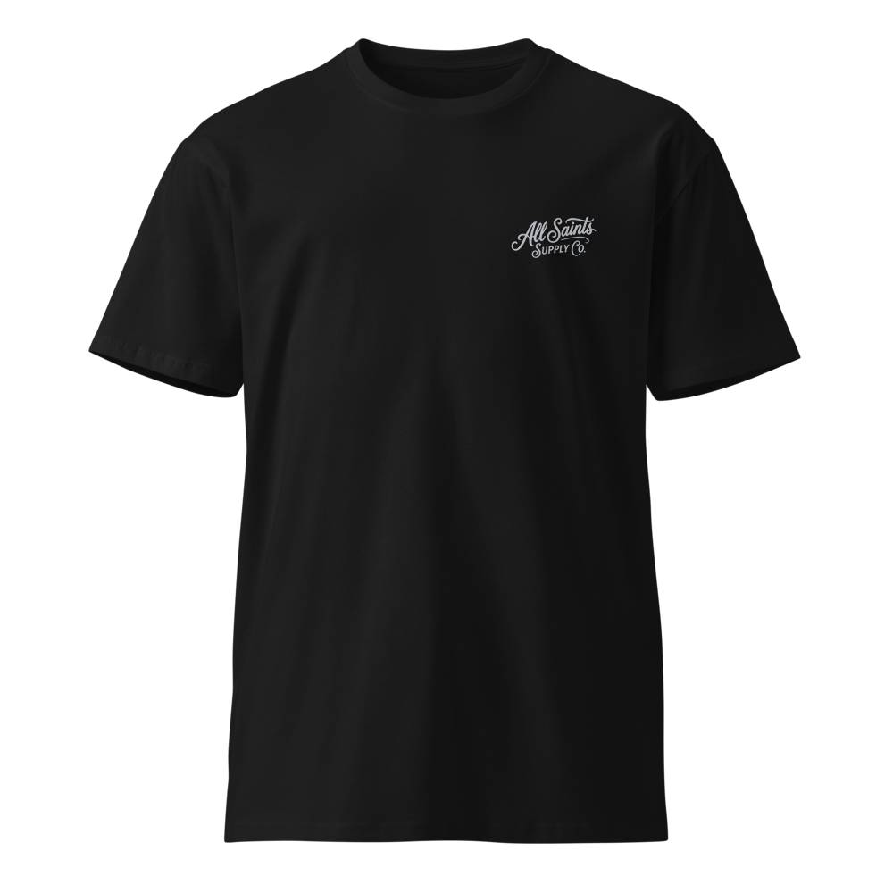 St. Jude Thaddeus Medal Tee, Black, front with silver script logo