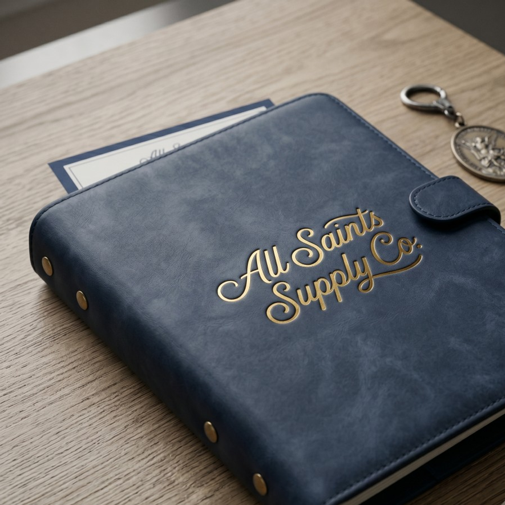 All Saints Supply Co. distressed PU leather A5 binder with gold script logo