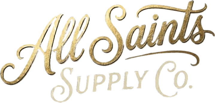 All Saints Supply Co. gift card — gold script logo on navy