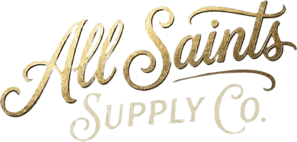 All Saints Supply Co. gift card — gold script logo on navy