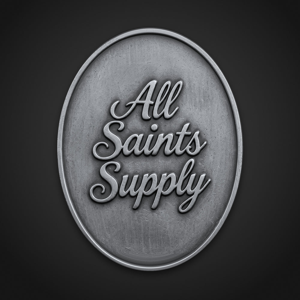 St. Jude Thaddeus Medal, back: the All Saints Supply script in raised relief on a silver-plated oval.