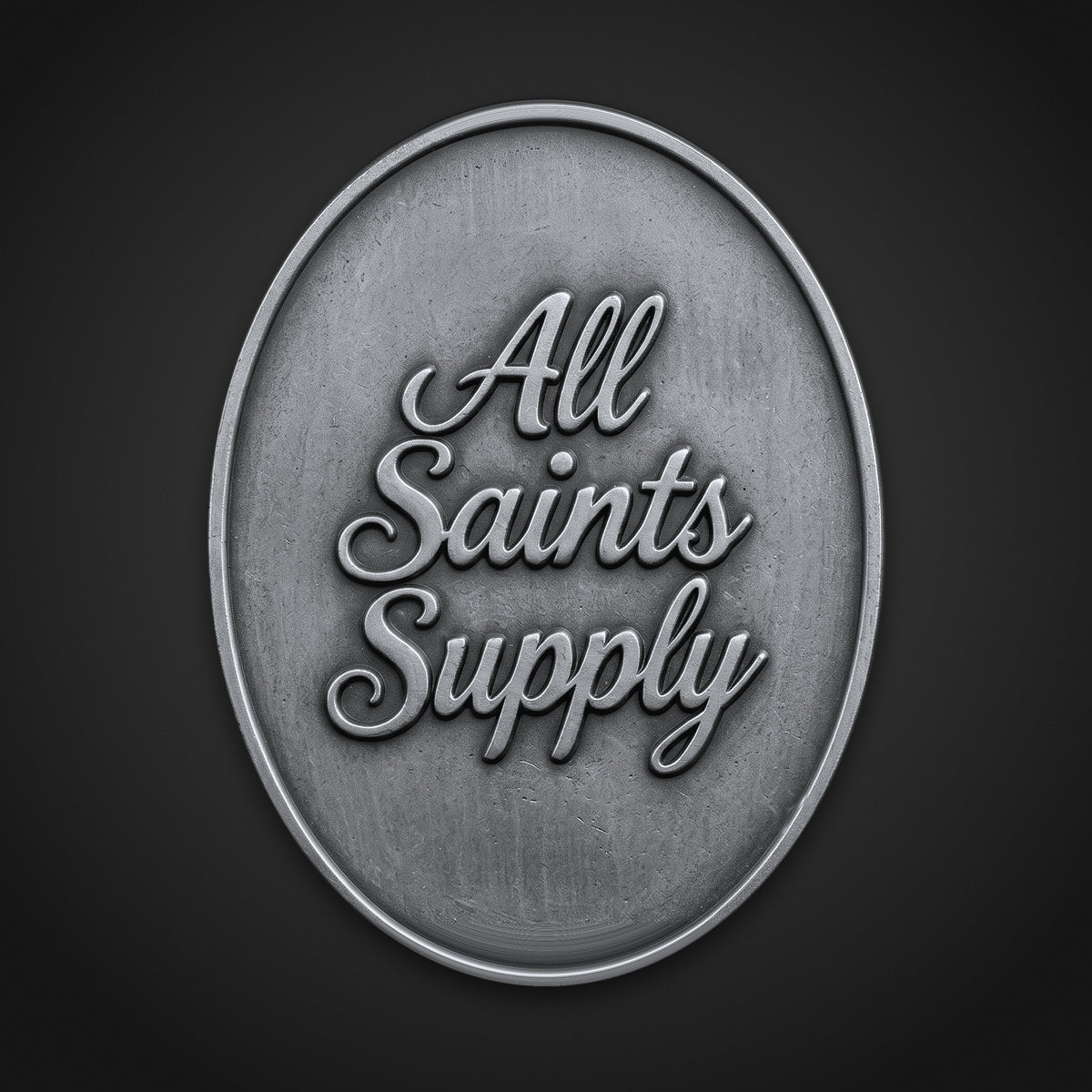 St. Jude Thaddeus Medal, back: the All Saints Supply script in raised relief on a silver-plated oval.