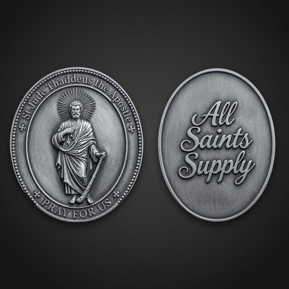 St. Jude Thaddeus medal, silver-plated 18 × 26 mm oval, front and back