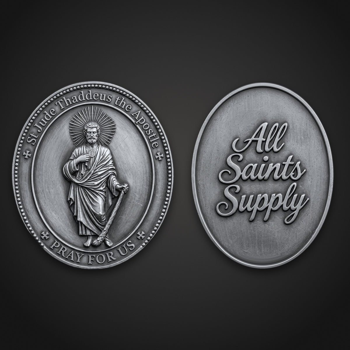 St. Jude Thaddeus Medal, front and back side by side. Silver-plated, 18 × 26 mm oval.