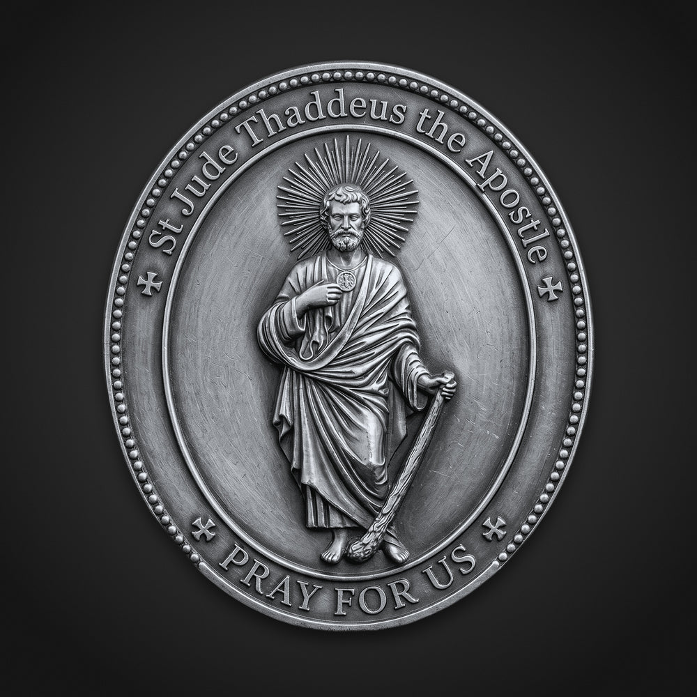 St. Jude Thaddeus Medal, front: the Apostle standing in his robes beneath a ray halo, a medallion at his breast and a club in hand, framed by the inscription St Jude Thaddeus the Apostle, Pray for Us. Silver-plated, 18 × 26 mm oval.