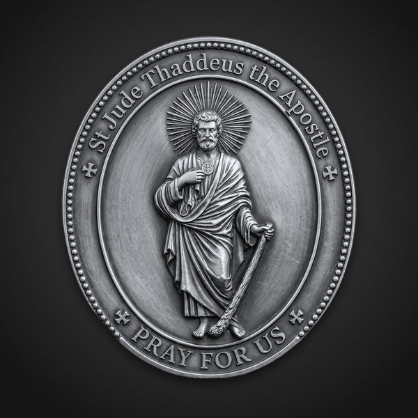 St. Jude Thaddeus Medal, front: the Apostle standing in his robes beneath a ray halo, a medallion at his breast and a club in hand, framed by the inscription St Jude Thaddeus the Apostle, Pray for Us. Silver-plated, 18 × 26 mm oval.