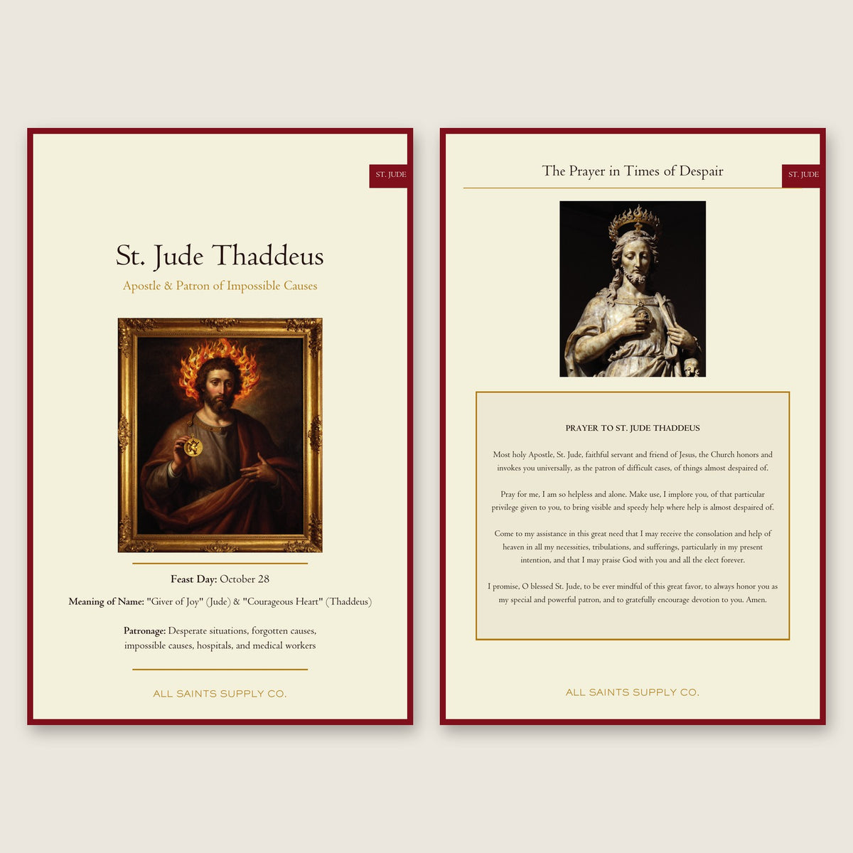 St. Jude Thaddeus Spiritual Library insert — cover page and Prayer to St. Jude page