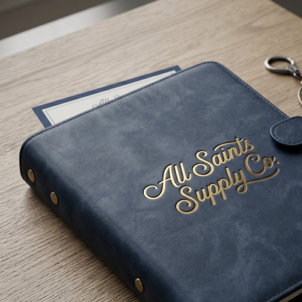All Saints Supply Co. distressed PU leather A5 binder with gold script logo — holds Spiritual Library inserts and PVC medal sleeves