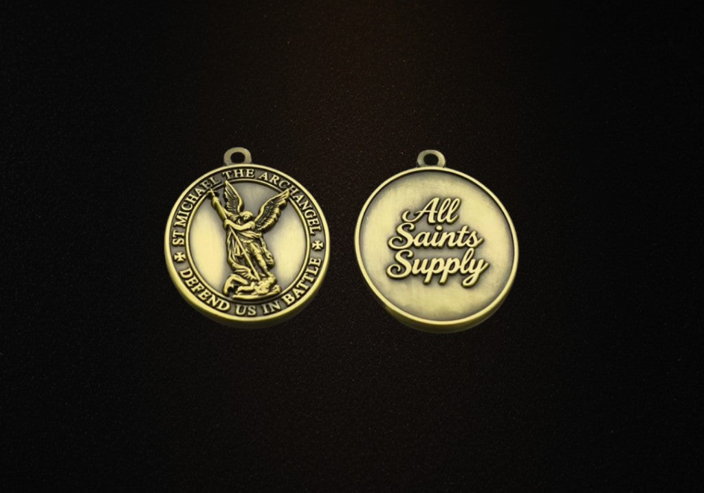 St. Michael heavy-relief brass medal gleaming on a dark background