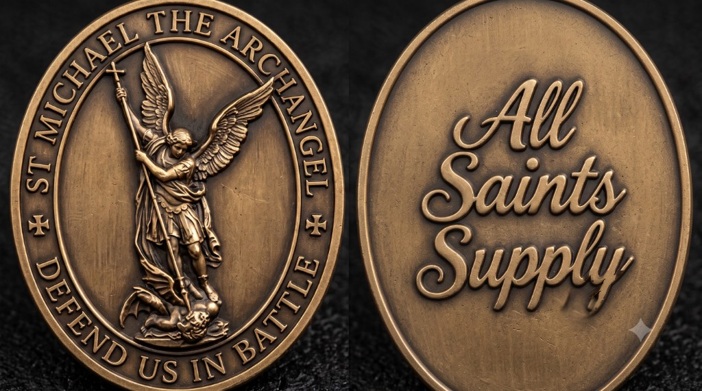 St. Michael the Archangel saint medal — front and back, All Saints Supply Co.